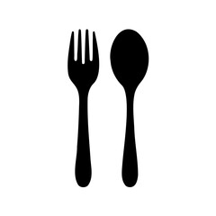 Black silhouette depiction of a fork and spoon on a white background