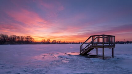 Fototapeta premium Picturesque sunrise bathes the frozen lake in hues of pink, orange, and purple, a wooden dock structure stands on ice with a background of trees silhouetted against the horizon.
