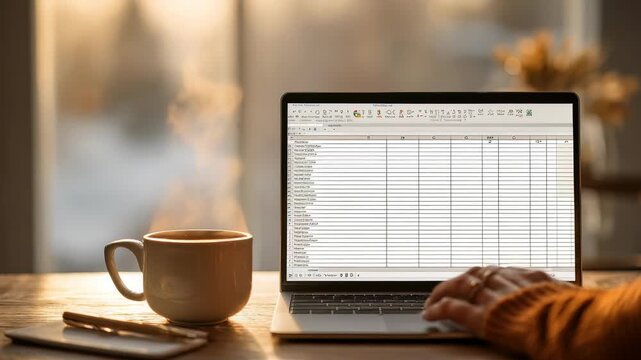 Closeup person working on laptop with spreadsheet software open, sunlight illuminating workspace, smartphone, notebook nearby, cozy atmosphere, remote work, productivity, digital organization, modern