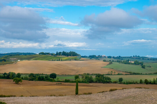 I campi e le colline della Toscana, Italia, con i cipressi, i prati e le coltivazioni tipiche tra Siena e Firenze lungo la via Romea Sanese