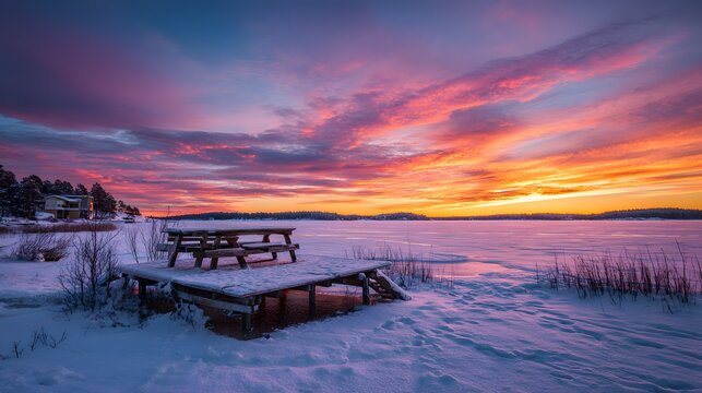 Vivid winter landscape showcases a wooden picnic table on a snow-covered dock with an extraordinary vibrant sunset sky; a stunning panorama of nature's beauty near a frozen lake. - Powered by Adobe