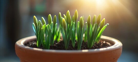Young green plant buds emerging from dark soil in a clay pot, lit by bright sun