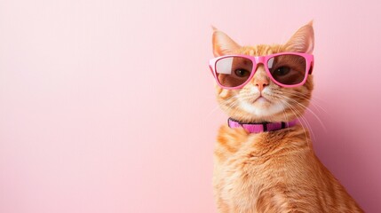 Playful ginger cat wearing pink sunglasses and collar against a pastel background, perfect for creative advertising, social media campaigns, and digital marketing visuals