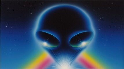 Alien Face in the Cosmos: An artistic illustration showcasing an alien face, illuminated with vibrant lights against a backdrop of a star-studded cosmos, creating a sense of wonder and mystery.