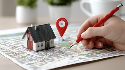 Exploring real estate opportunities with a model house and map in a cozy indoor setting