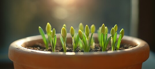 Small yellow flower buds in a terracotta pot bask in sunlight against a soft blurred background