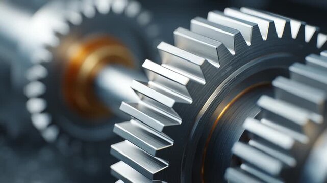 Close-up of interlocking gears: A highly detailed shot showcasing two meshing, metallic gears, illustrating mechanical precision and the interconnected nature of industry. 
