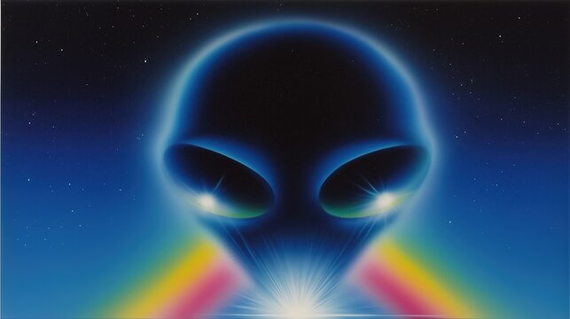 Alien Face in the Cosmos: An artistic illustration showcasing an alien face, illuminated with vibrant lights against a backdrop of a star-studded cosmos, creating a sense of wonder and mystery.