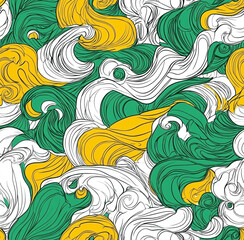 Obraz premium A vibrant, retro-groovy patterns featuring swirling lines and circular shapes in shades of green, yellow, and background contrast.