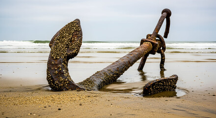 Fototapeta premium Weathered anchor on sandy beach