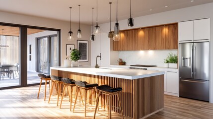 Modern kitchen interior with wooden cabinets, marble counter, and pendant lights