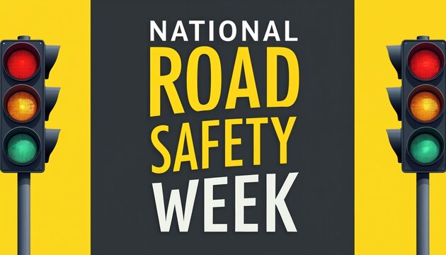 National Road Safety Week poster featuring traffic lights on yellow and grey background. Focuses on traffic control awareness and rules for drivers and pedestrians.