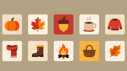 Autumn Comfort Icon Set &mdash; Pumpkin, Leaves, Acorn, Coffee, Sweater, Scarf, Boot, Campfire & Basket