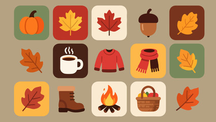 Cozy Harvest Icon Tiles — Leaves, Pumpkin, Acorn, Coffee, Sweater, Scarf, Boot & Campfire