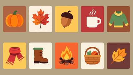 Warm Autumn Icon Collection — Pumpkin, Leaf, Acorn, Mug, Sweater, Scarf, Boot, Campfire & Harvest Basket