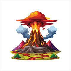 Dramatic volcanic eruption with lava flow and ash cloud