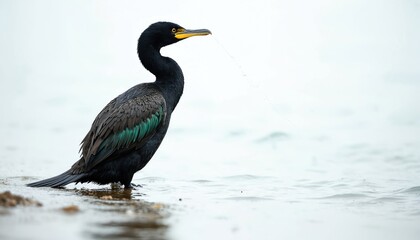 Obraz premium Black cormorant bird stands on the shore in shallow water. It shakes water from its beak. The bird has iridescent green feathers on its wings. Calm sea background.