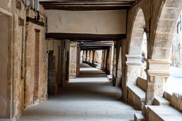 Obraz premium La Fresneda Stone Arcades Teruel Spain 16th Century Renaissance Architecture Portico Walkway and Historic Old Town