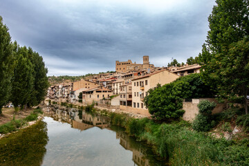 Imposing Gothic Townscape Valderrobres Teruel Spain 15th Century Castle and Church Reflected in Matarraña River