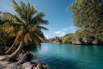Young coconut palm trees beside a turquoise lagoon, tropical paradise with clear water, lush greenery, and serene summer island atmosphere.