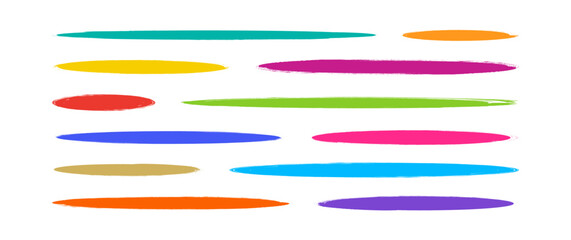 Brush stroke, line paint, crayon pencil. Color chalk texture pen, underline marker hand drawn, highlight scribble, kid doodle sketch stripe shape icon isolated on white background. Vector illustration