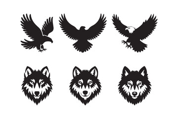 Silhouettes of eagles and wolf heads in black and white