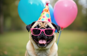 Funny pug wears pink sunglasses and party hat with balloons. Dog celebrates happy birthday outdoors on green grass. Pet has joyful expression, tongue out.