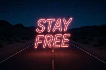 Neon sign that says "stay free" is lit up on a deserted road. The sign is surrounded by a dark background, which adds to the mood of the image