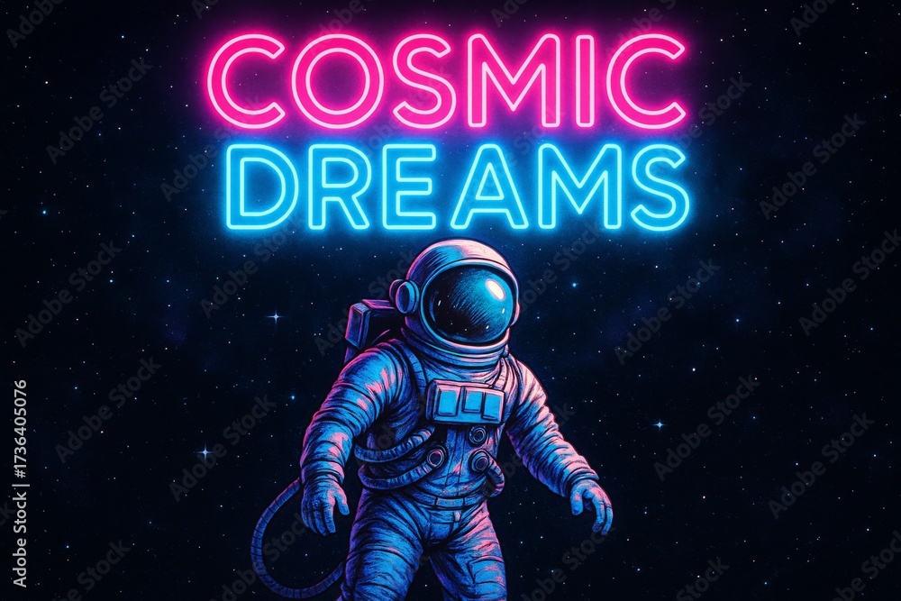 Wall mural neon sign with a man in a spacesuit and the words cosmic dreams. the image is of a man in a spacesui