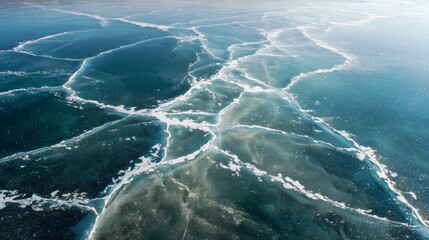 Frozen Lake with White Cracks and Blue Hues