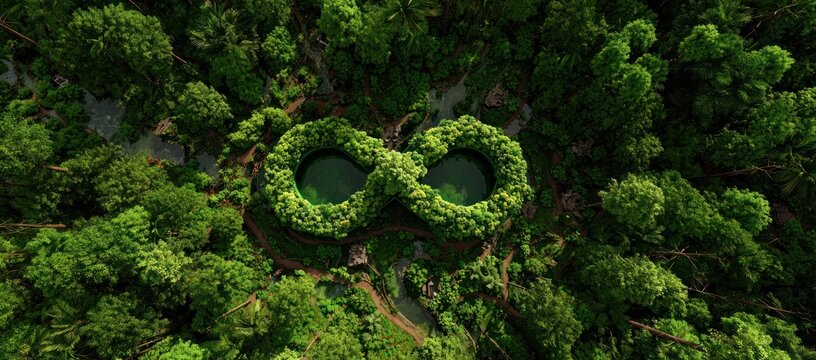 Lush greenery forms an infinity symbol in a tranquil forest landscape.