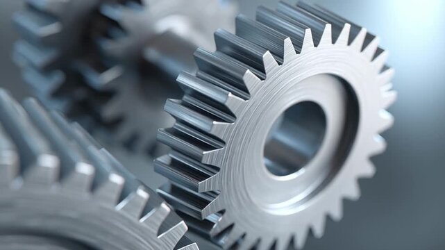 Precision Engineering: Two industrial gear wheels interlock in a tight close-up, capturing the essence of precision and the intricate mechanics of industrial engineering. 