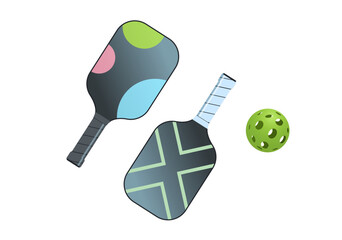 Pickleball paddles and a ball on a white background