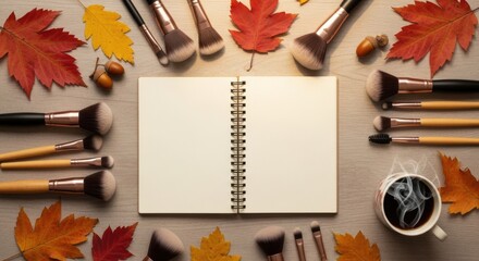 Autumn beauty inspiration open notebook surrounded by makeup brushes and fall leaves