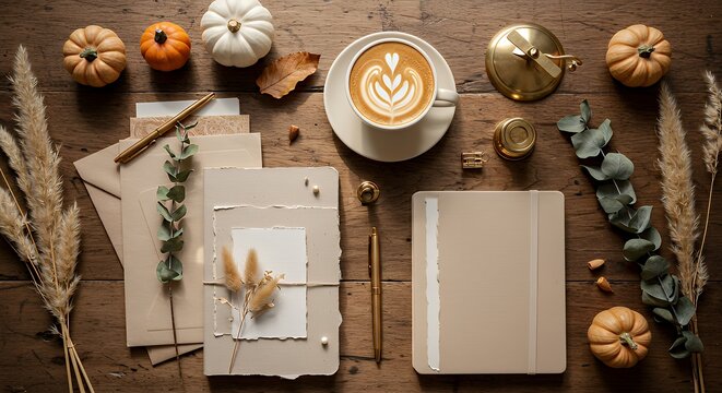 Elegant Coffee Mug with Latte Art on Wooden Desk Surrounded by Autumn Decor and Stationery