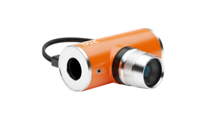 Orange Cylindrical Camera with Silver Lens and Cable