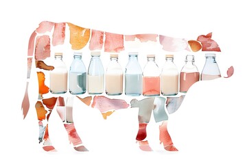 Fototapeta premium Watercolor cow silhouette with milk bottles inside, conceptual dairy art