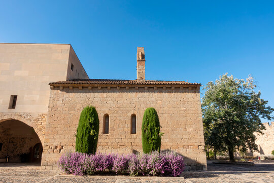 Ancient Cistercian Architecture Santa Caterina Chapel Poblet Monastery Tarragona Spain 14th Century Medieval Stone Facade and Gardens