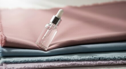 Naklejka premium Luxury skincare serum dropper bottle resting on soft silky fabric layers soft focus
