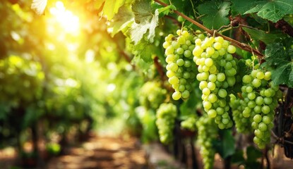 Fototapeta premium Lush bunches of vibrant green grapes hang heavy from vines in a sun-drenched vineyard, showcasing the bounty of the harvest season.