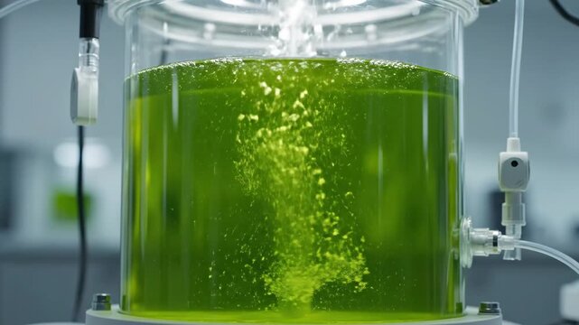 Bioreactor with Green Algae for Biofuel Research - A close-up view of a cylindrical bioreactor filled with a vibrant green liquid, possibly containing algae.