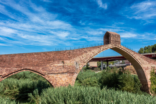 Historic Roman and Gothic Pont del Diable Bridge Martorell Barcelona Spain 13th Century Medieval Arches and Triumphal Arch