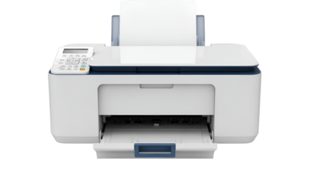 White all-in-one printer with blue accents and paper in tray