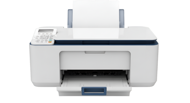 White all-in-one printer with blue accents and paper in tray