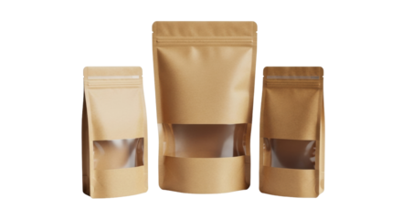 Isolated kraft paper pouches with resealable zippers for product packaging in studio shot