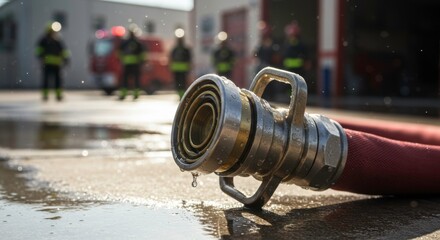 Close-up of firefighter hose with water droplets highlighting readiness and response