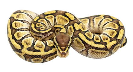 Isolated Ball Python posing with yellow pattern on skin against neutral backdrop, snake photo