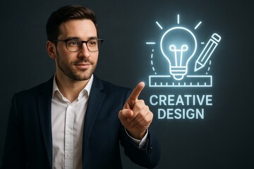 Man in a suit is pointing at a screen with the words Creative Design. The image is bright and colorful, with a light bulb and a pencil