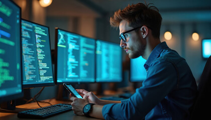 Young man with glasses types on keyboard at desk with multiple monitors showing code. Checks smartphone. Programmer works in dark office, focused on digital data. Tech pro uses computer setup.