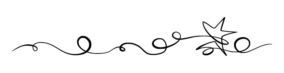 Merry Christmas Border Decoration. Continuous One Line Art, Vector Drawing. Isolated Hand Drawn Outline Curly Flourishes, Long Horizontal Banner
